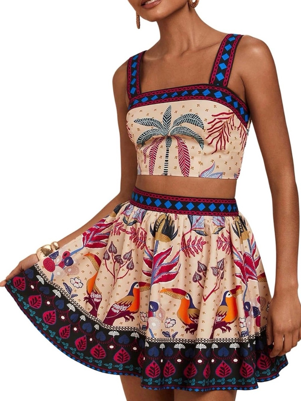 Boho Palm Print Crop Dress SET in Beige COLORFUL PRINT NEW - Picture 2 of 5